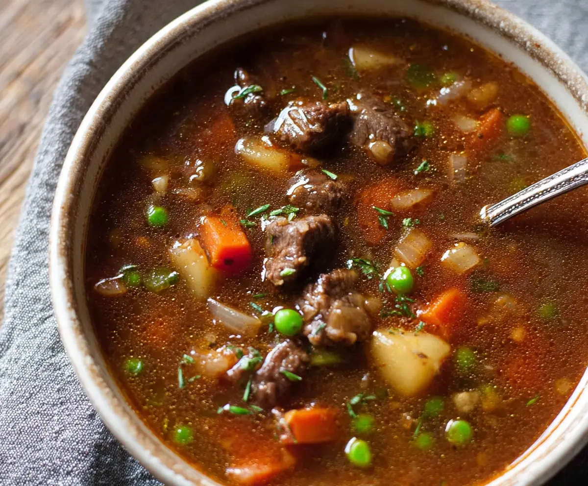 Hearty vegetable beef soup with fresh carrots, potatoes, and tender beef chunks in a bowl.