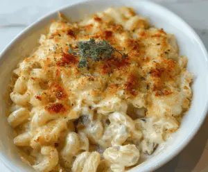 Creamy white truffle mac and cheese garnished with herbs served in a modern bowl.
