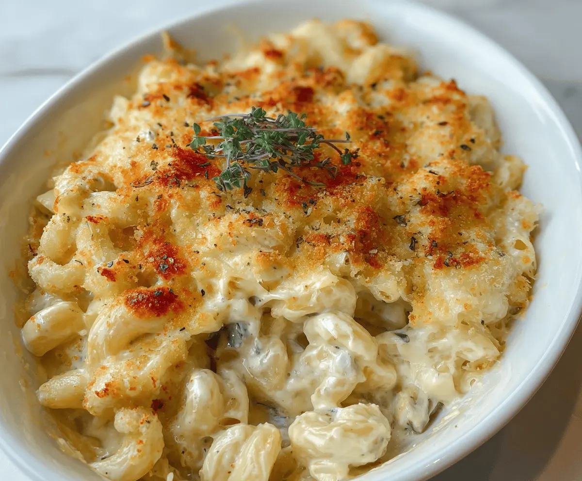 Creamy white truffle mac and cheese garnished with herbs served in a modern bowl.