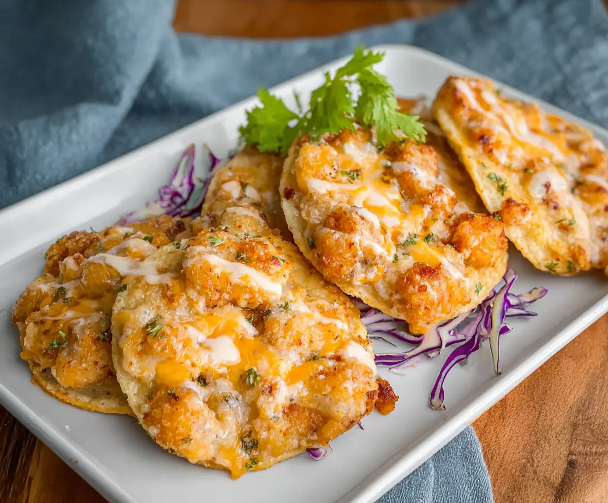 Crispy Air Fryer Bang Bang Shrimp Tacos topped with fresh vegetables and creamy sauce.