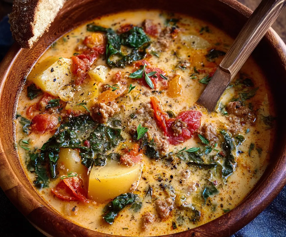 Delicious bowl of authentic Tuscan zuppa with fresh vegetables and herbs, perfect for a comforting homemade meal.