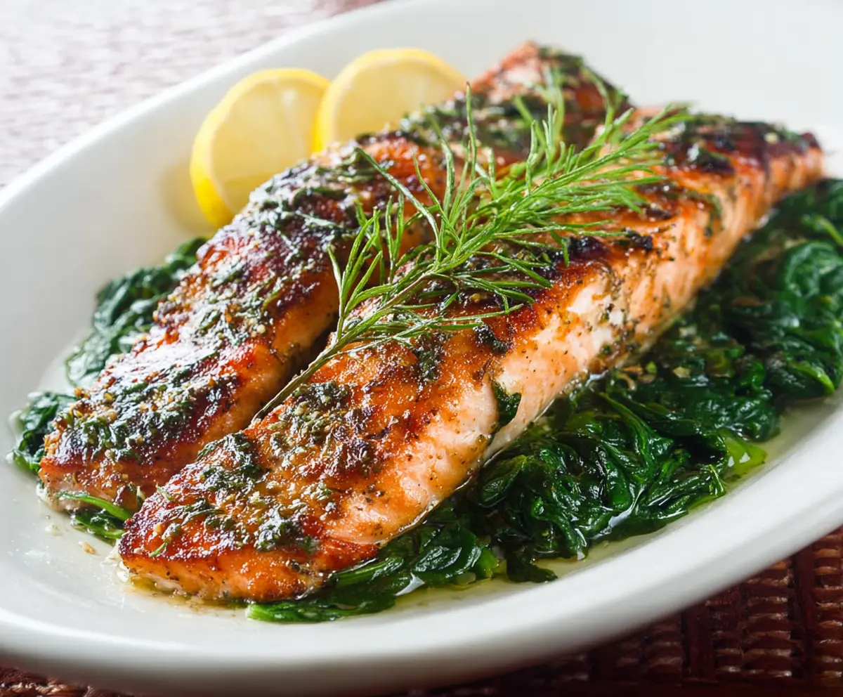Delicious baked salmon with fresh spinach on a plate, highlighting a healthy seafood meal.