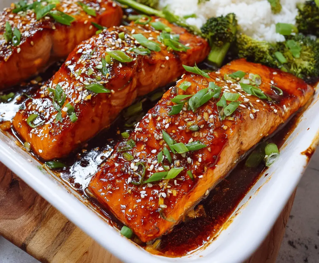 Delicious baked teriyaki salmon served with fresh vegetables and rice for a healthy dinner.