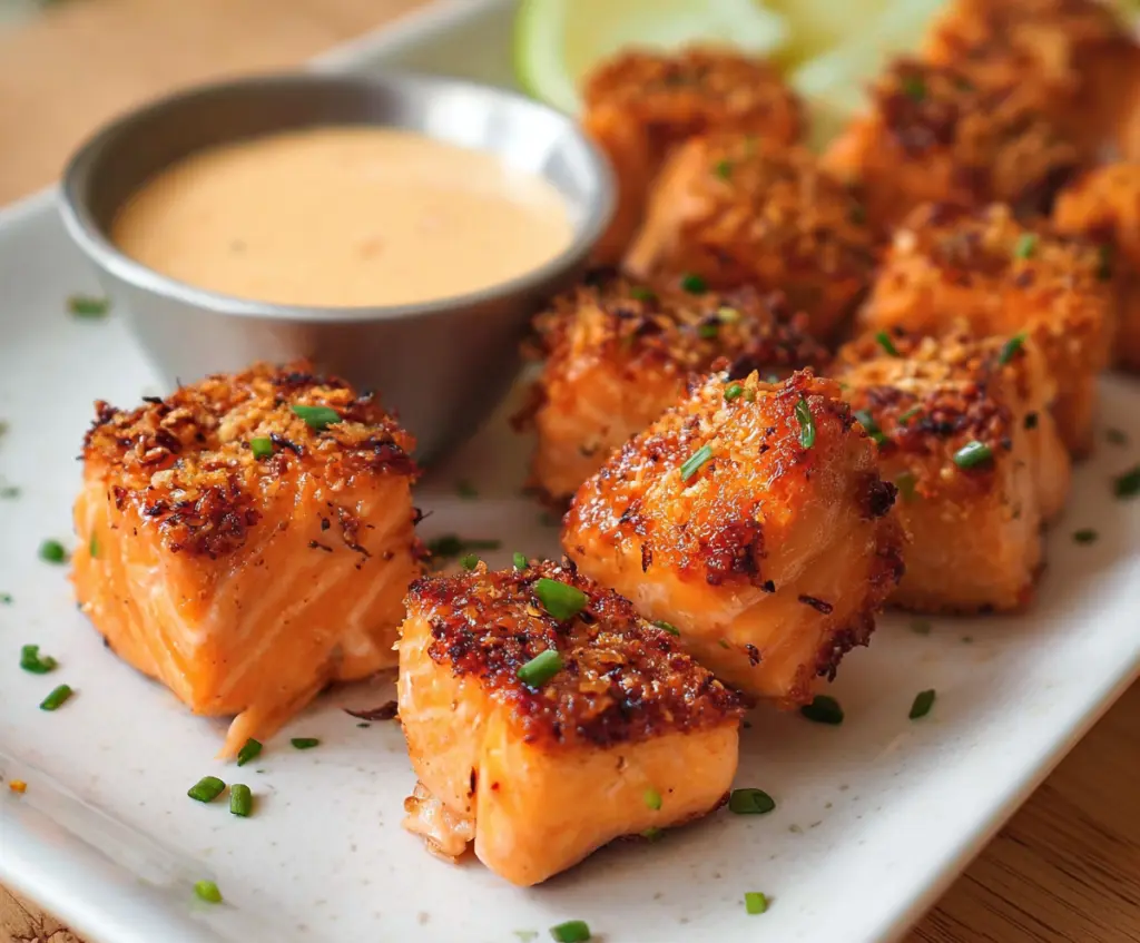 Delicious Bang Bang Salmon Bites served on a plate, perfect for an air fryer salmon recipe