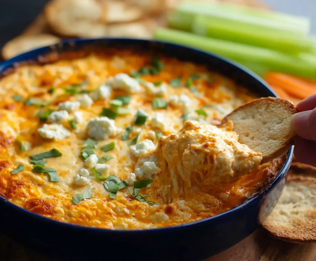 Delicious Buffalo Chicken Dip served with celery sticks and tortilla chips, perfect for parties and gatherings.