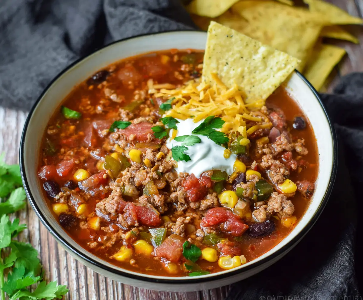 A bowl of bold and hearty taco soup with melted cheese, fresh herbs, and tortilla chips on top, perfect for a comforting meal.