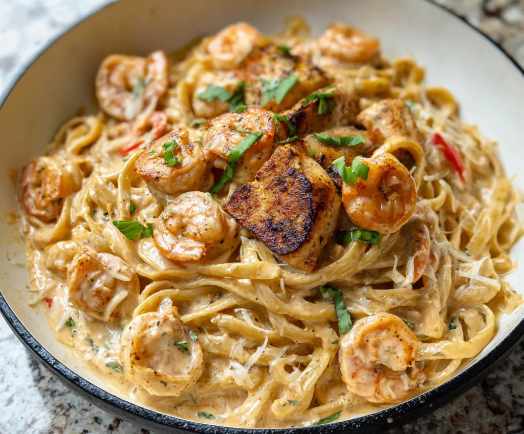 Delicious Cajun Chicken and Shrimp Alfredo served on a white plate with fresh herbs