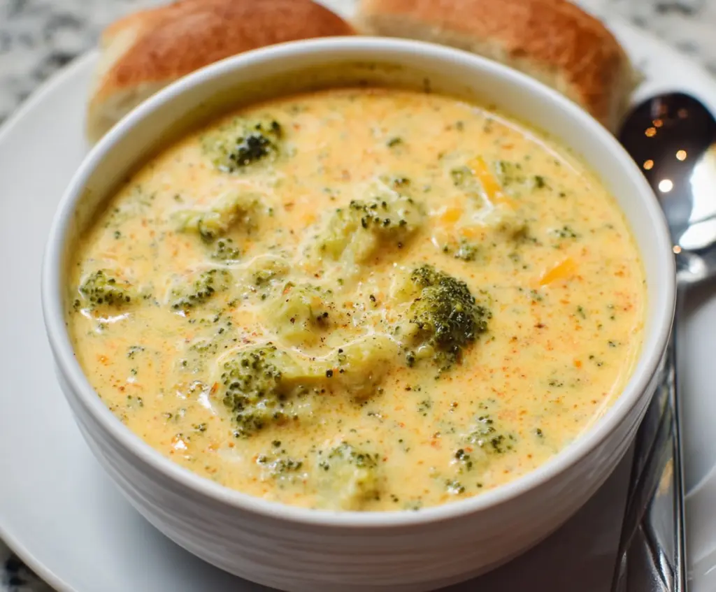 Creamy cheesy broccoli soup in a bowl, topped with melted cheese and fresh herbs, perfect for a cozy meal.