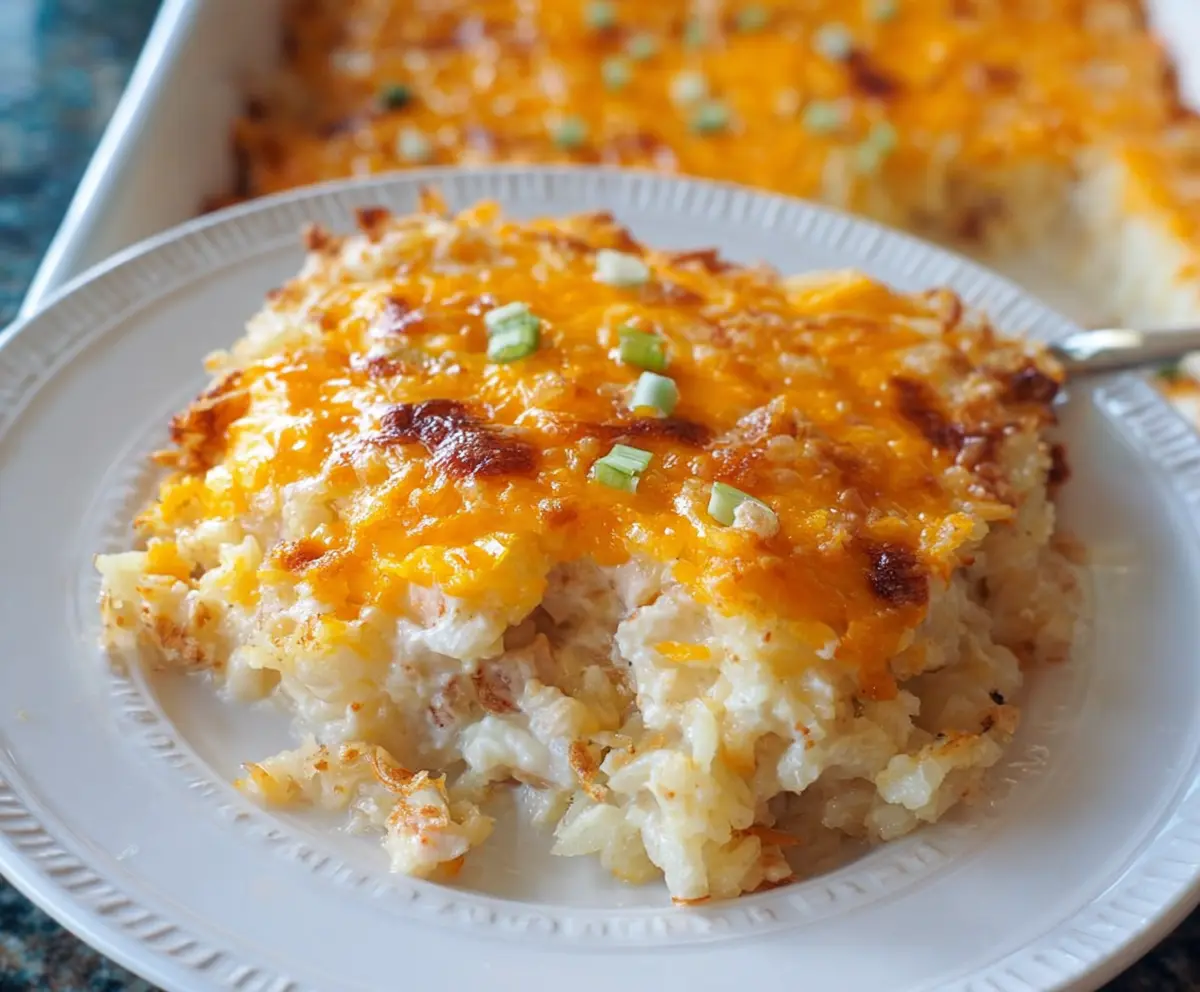 Delicious cheesy hashbrown casserole topped with melted cheese and crispy hashbrowns, perfect for family dinner.