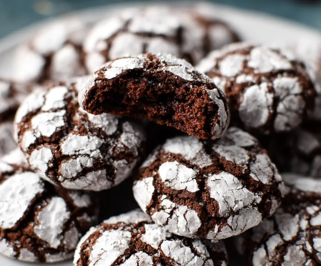 Delicious chocolate crinkle cookies with a cracked surface, perfect for baking treats.