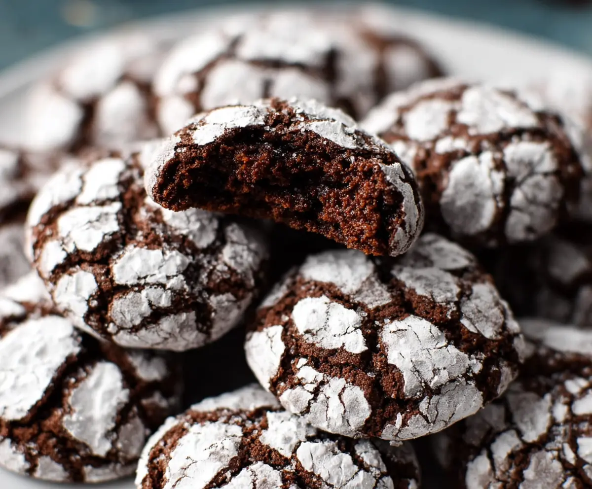 Delicious chocolate crinkle cookies with a cracked surface, perfect for baking treats.