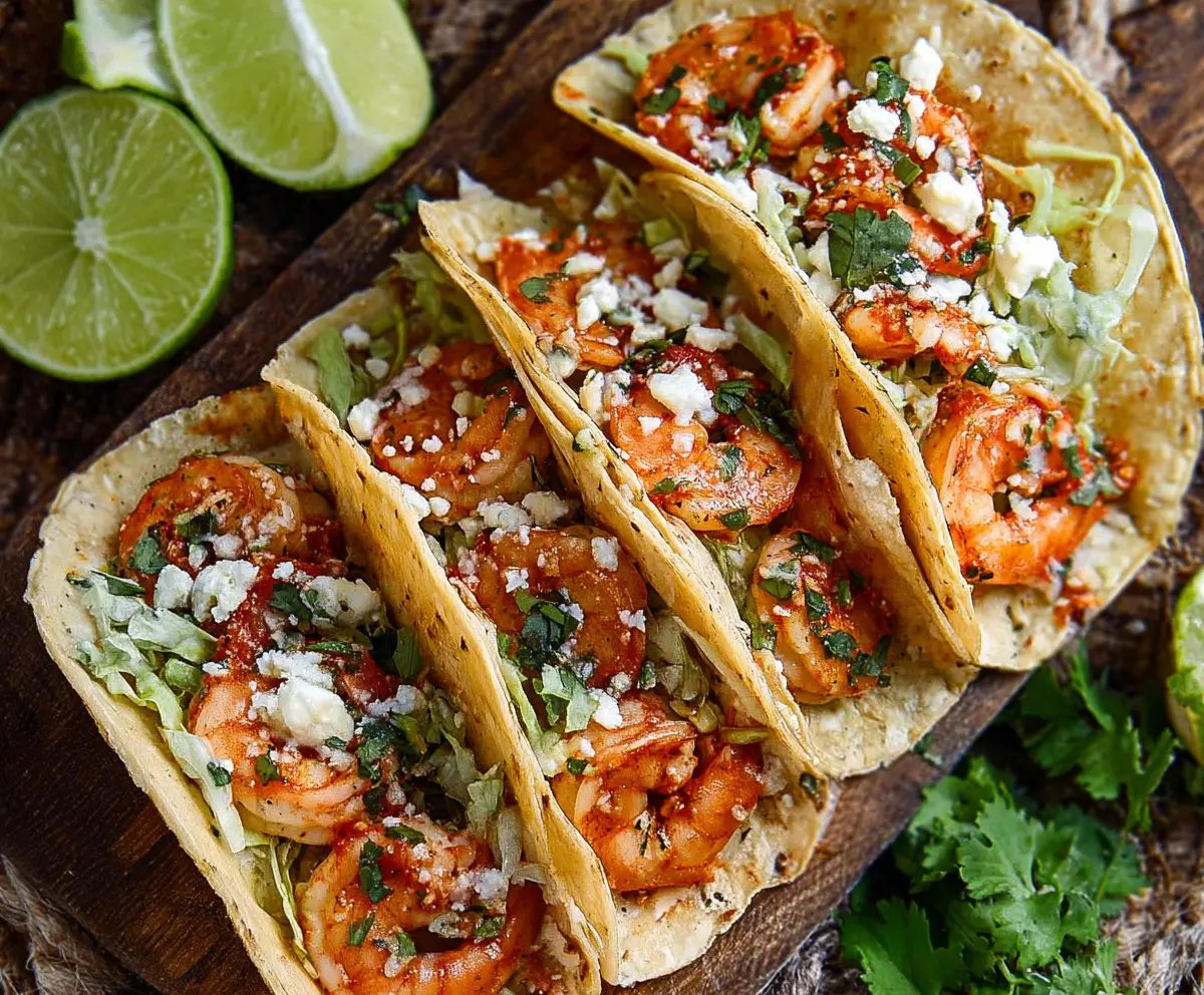 Delicious cilantro lime shrimp tacos topped with fresh cilantro and lime, served in soft tortillas.