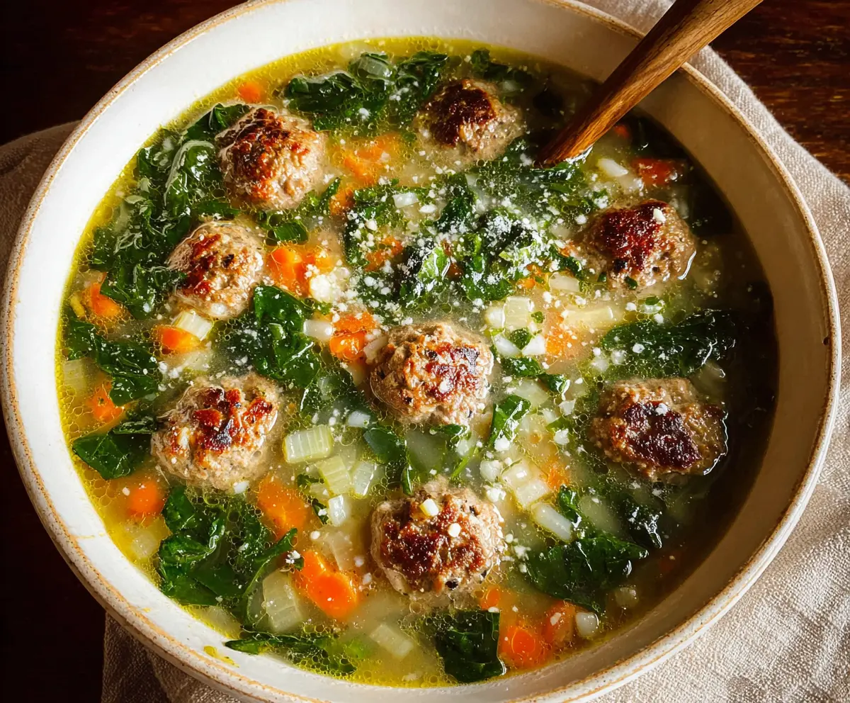 A bowl of classic Italian Wedding Soup with meatballs, spinach, and orzo pasta served hot.