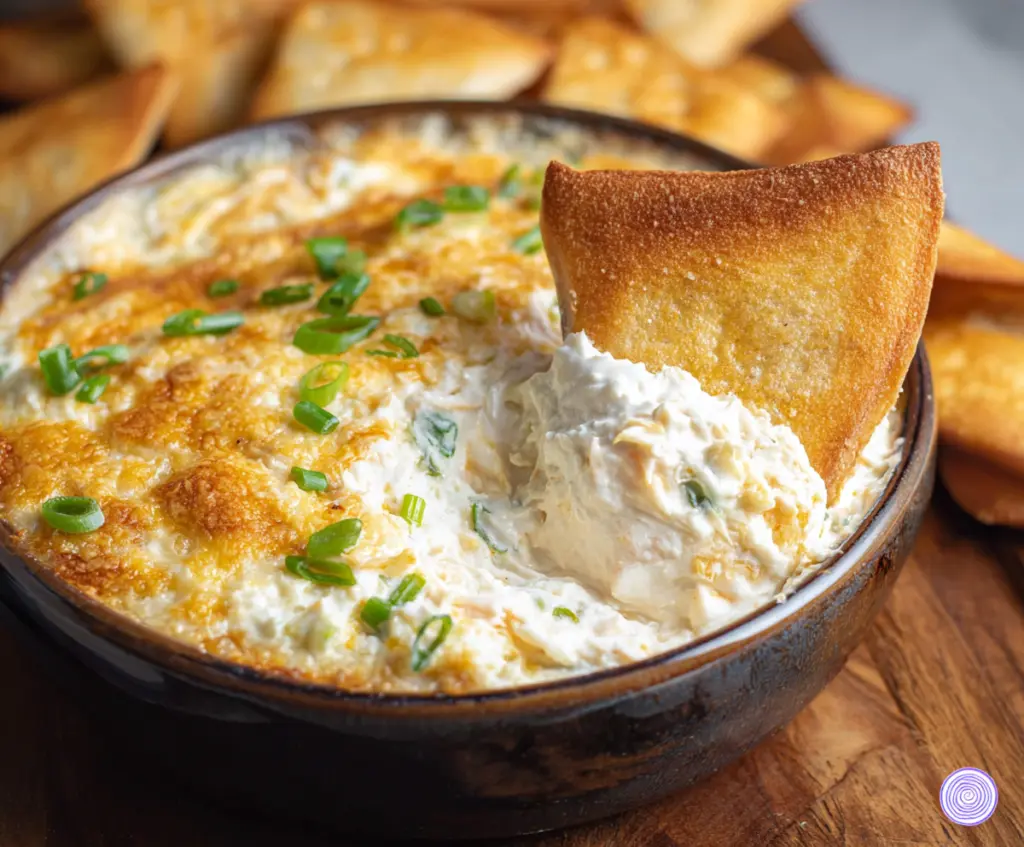 Creamy Crab Rangoon Dip served in a bowl with crispy wonton chips on a wooden table.