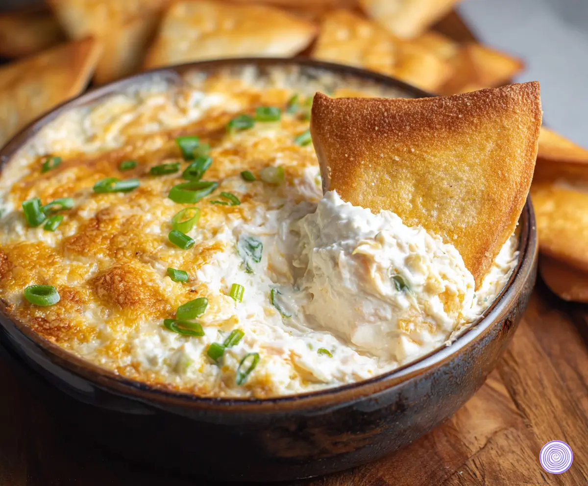 Creamy Crab Rangoon Dip served in a bowl with crispy wonton chips on a wooden table.