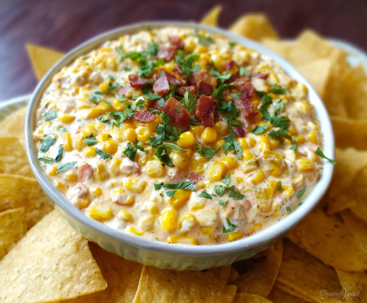 Creamy Corn Dip served in a bowl with fresh herbs for a tasty appetizer