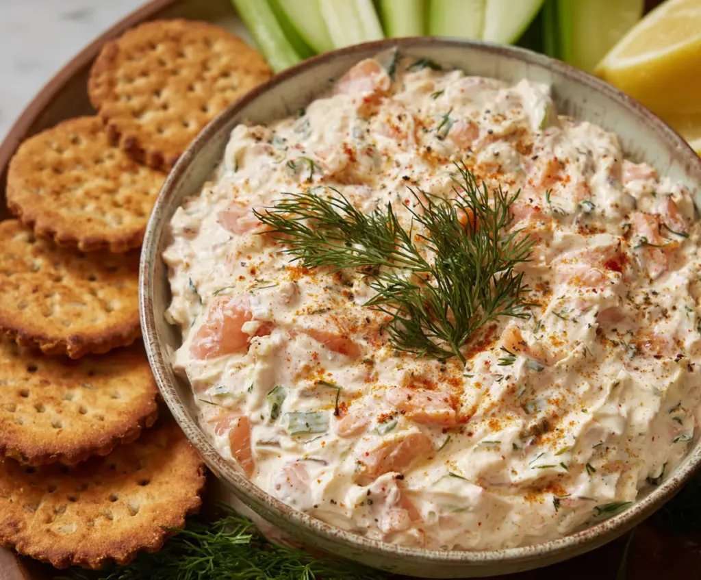 Creamy smoked salmon dip garnished with fresh lemon slices, served in a bowl.