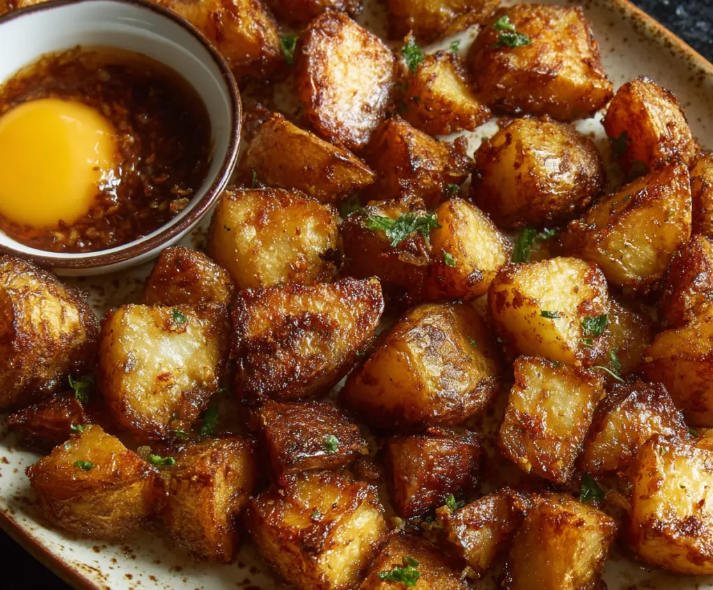 Golden crispy breakfast potatoes served with herbs and spices on a white plate.