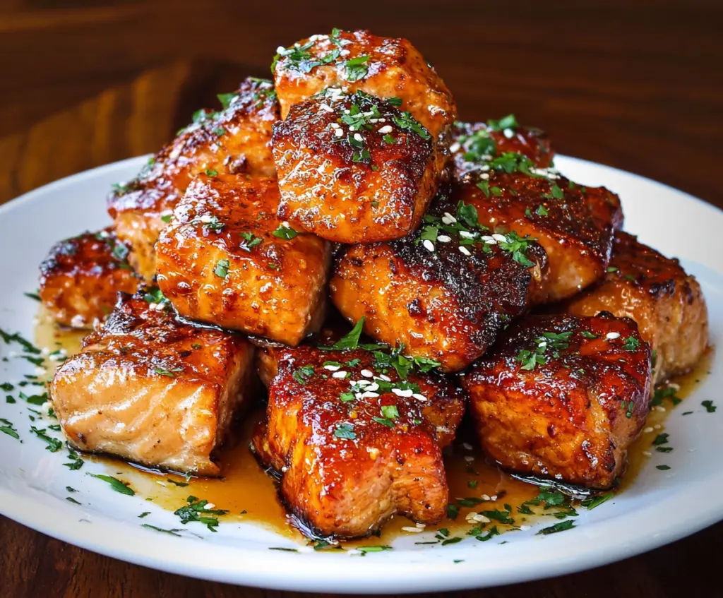 Delicious crispy honey garlic salmon bites on a plate, garnished with fresh herbs