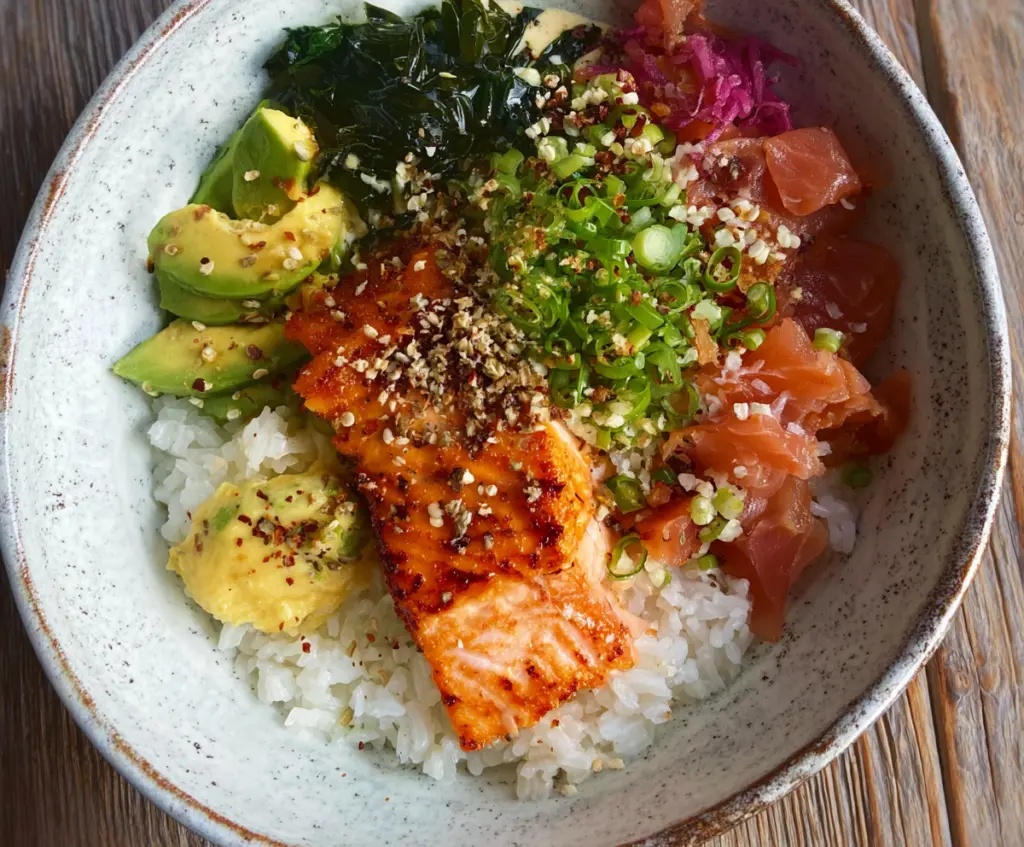 Delicious crispy salmon served over a rice bowl with fresh vegetables