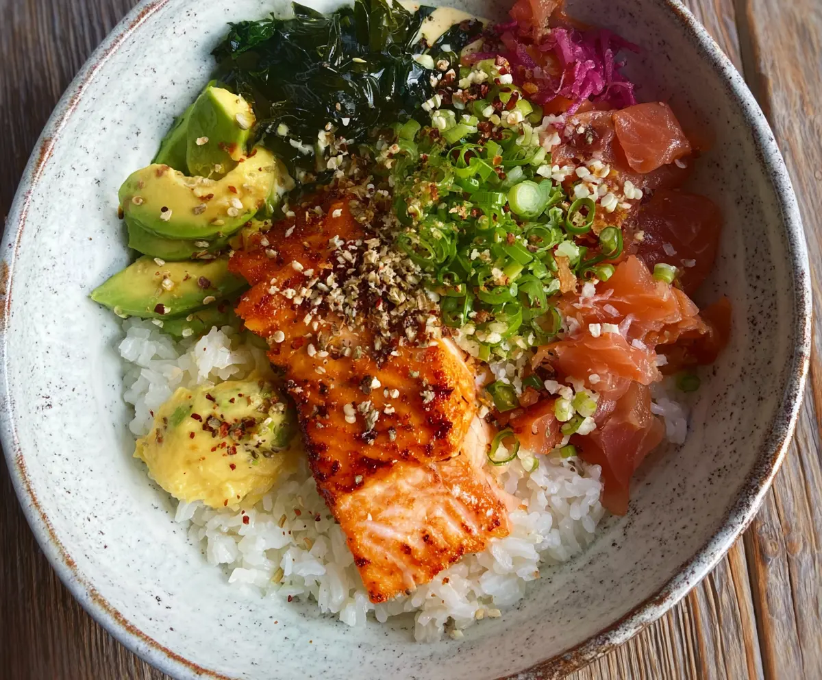 Delicious crispy salmon served over a rice bowl with fresh vegetables