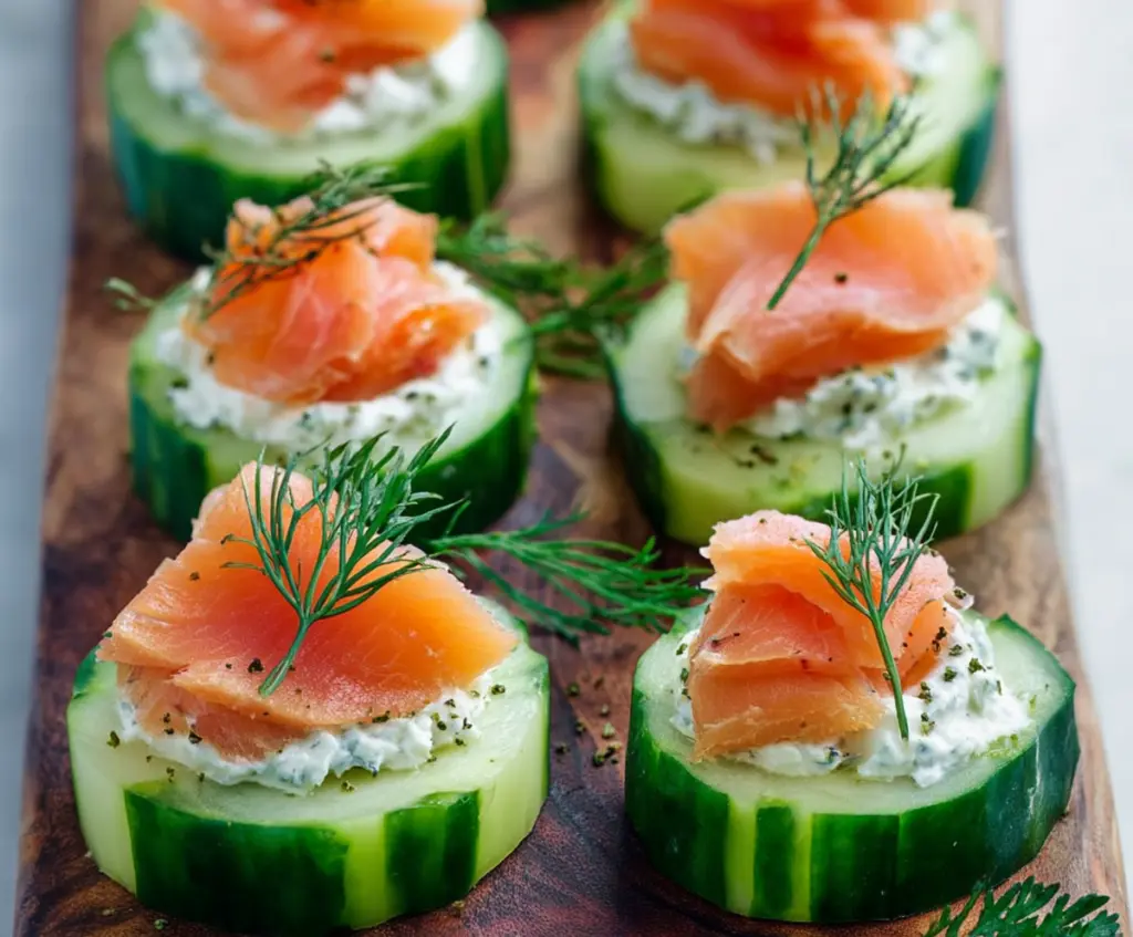 Delicious cucumber bites topped with smoked salmon and fresh herbs, perfect for appetizers.