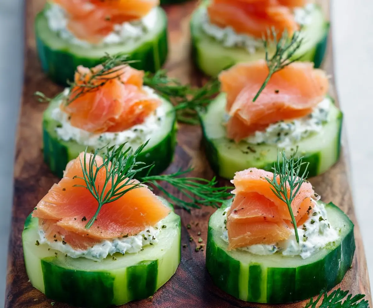 Delicious cucumber bites topped with smoked salmon and fresh herbs, perfect for appetizers.