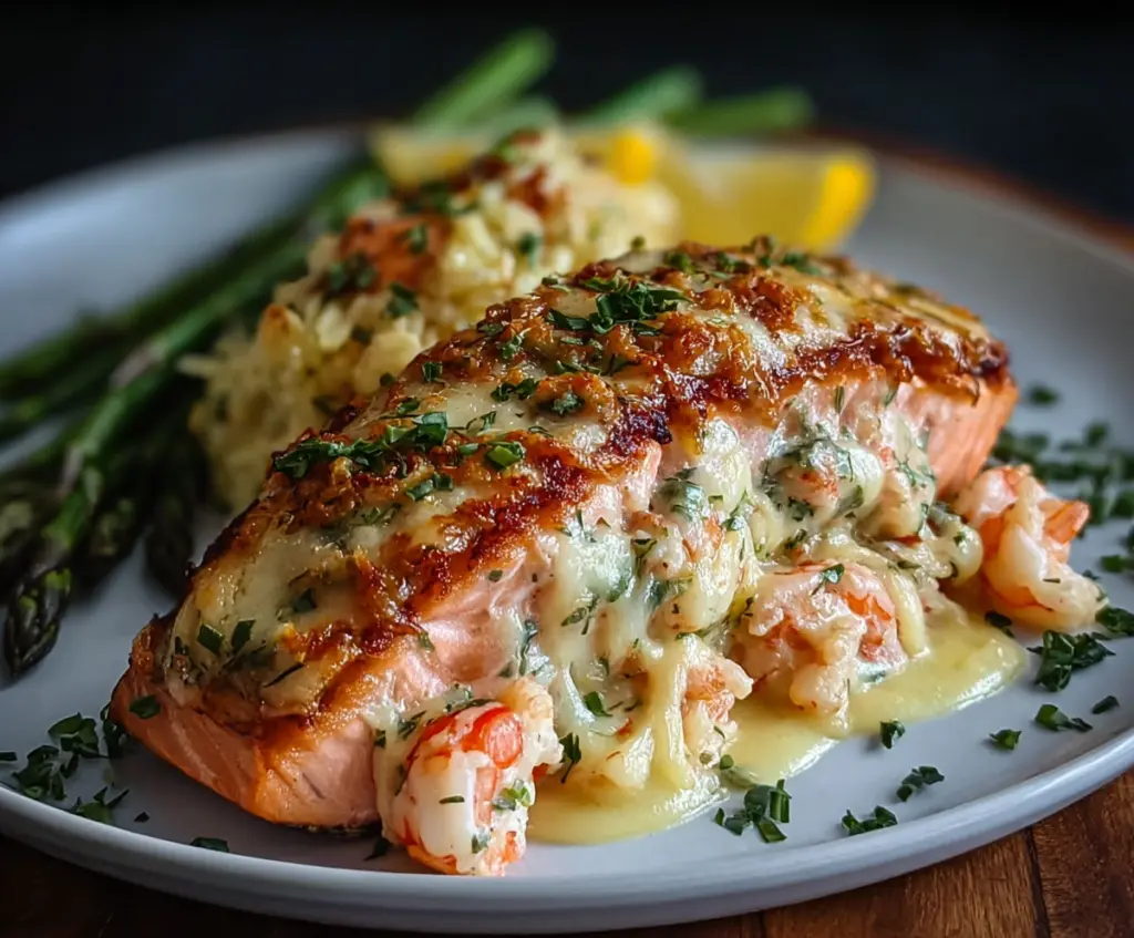 Deliciously decadent crab and shrimp stuffed salmon served on a elegant plate.