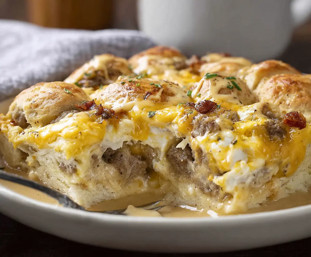Delicious easy biscuits and gravy breakfast casserole in a baking dish ready to serve.