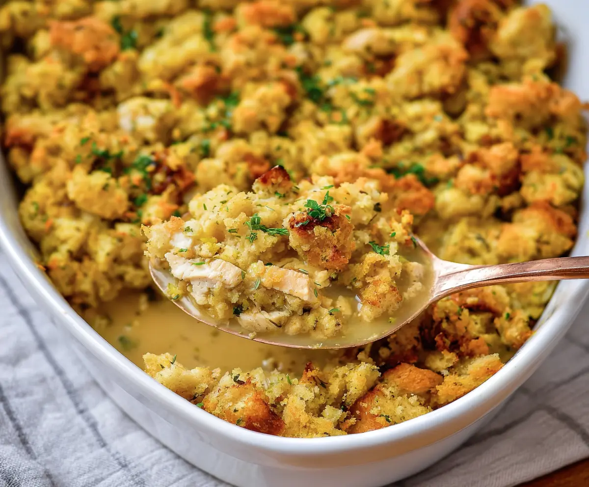 Delicious Easy Chicken and Stuffing Bake with golden crust and flavorful chicken slices.