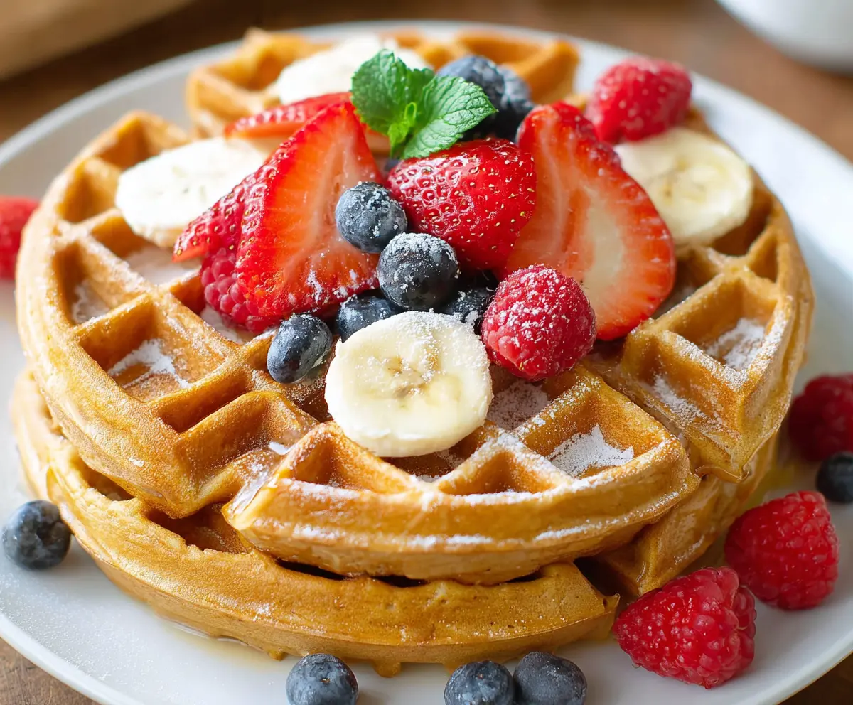 Delicious homemade healthy protein waffles topped with berries and syrup, showcasing a high-protein breakfast option.