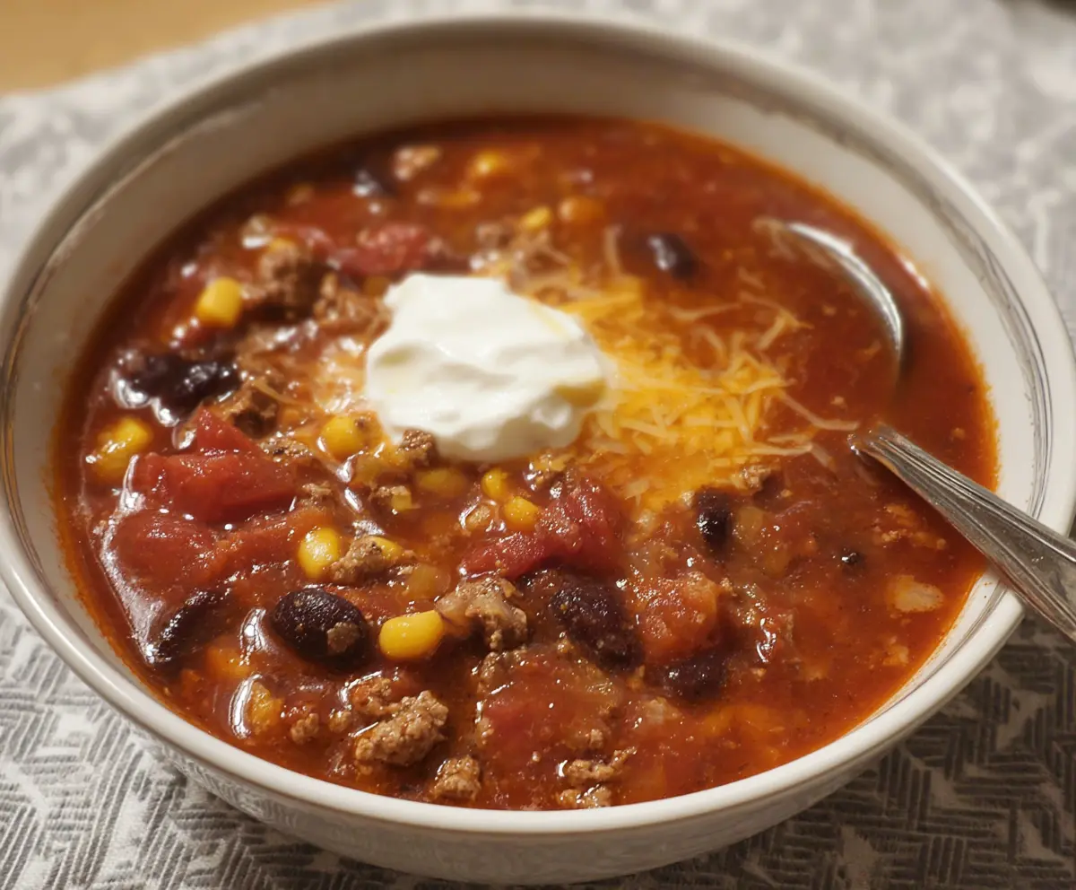 Hearty and flavorful Easy Taco Soup in a bowl with shredded cheese and fresh herbs