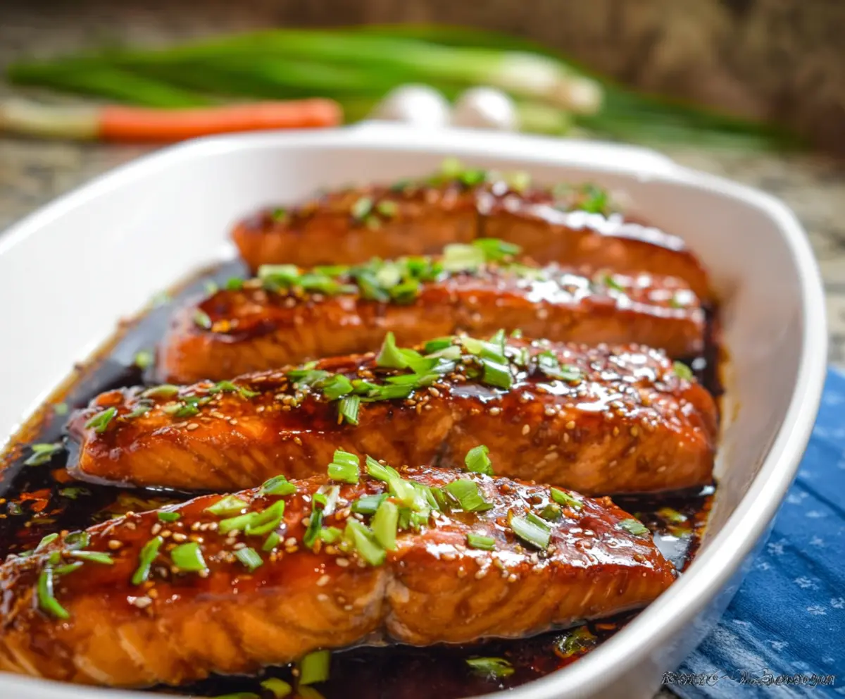 Delicious glazed teriyaki salmon served on a plate with colorful vegetables, perfect for a healthy meal.