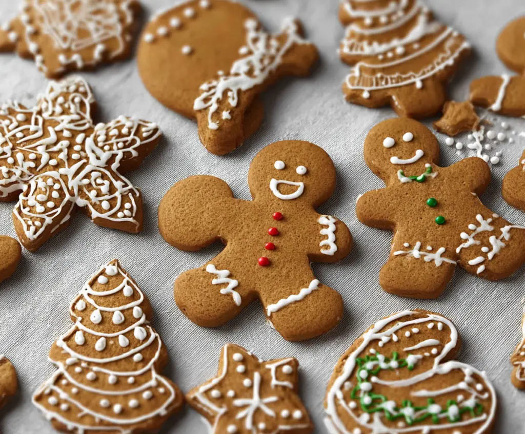 Golden-brown gingerbread cookies shaped like festive stars and hearts on a baking sheet.