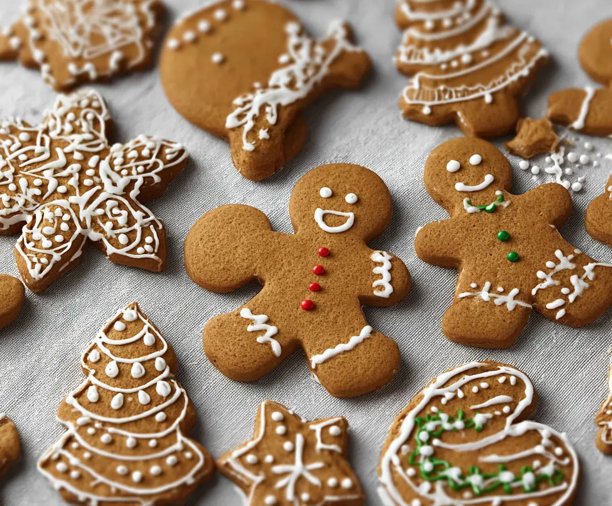 Golden-brown gingerbread cookies shaped like festive stars and hearts on a baking sheet.