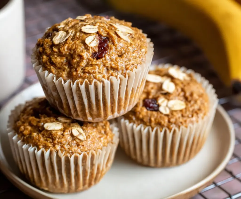 Close-up of healthy banana oatmeal muffins without blender, showing moist and fluffy texture topped with banana slices.