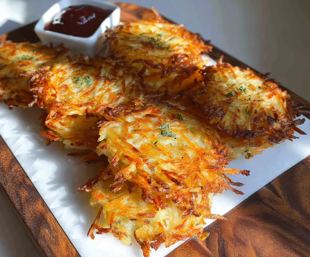 Healthy low calorie crispy hashbrowns served on a plate for a nutritious breakfast.