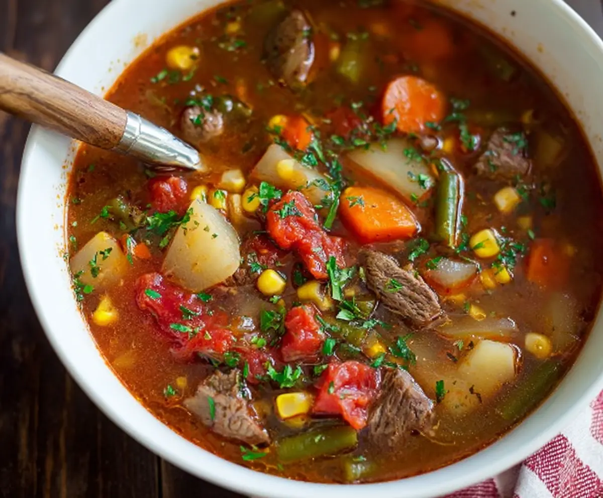 Bowl of Hearty Veggie Beef Soup with fresh vegetables and tender beef chunks for a nourishing meal.