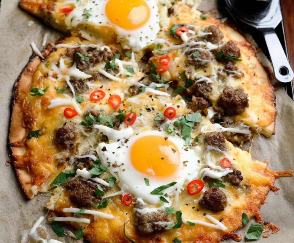 Delicious high-protein sausage and egg breakfast pizza with melted cheese and fresh toppings.