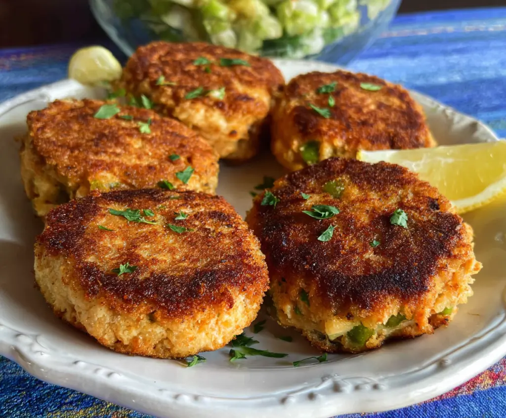 Delicious homemade old fashioned salmon patties served on a plate with lemon wedges.