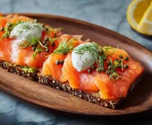 Creamy smoked salmon appetizer on a platter garnished with fresh herbs and lemon slices.