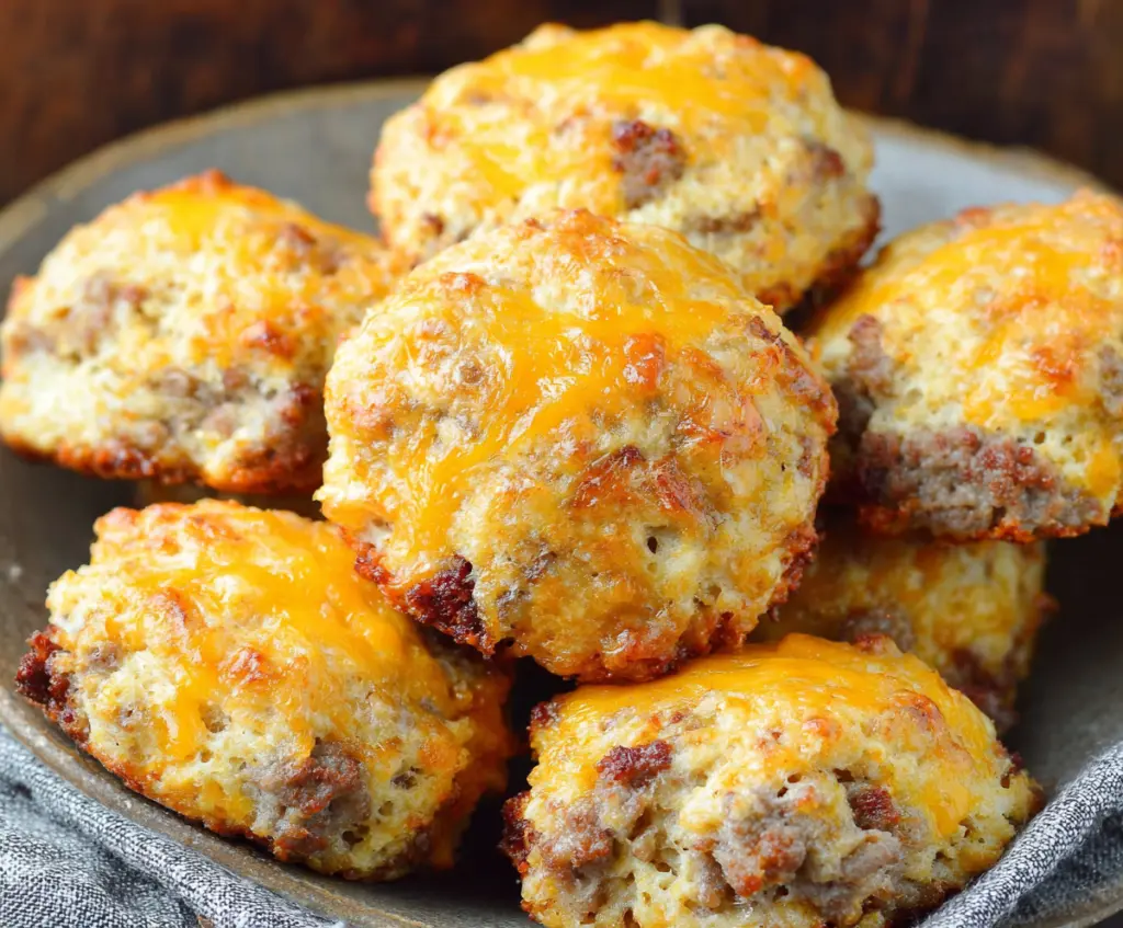 Delicious Keto sausage and cheese biscuits on a plate, perfect for a low-carb breakfast.