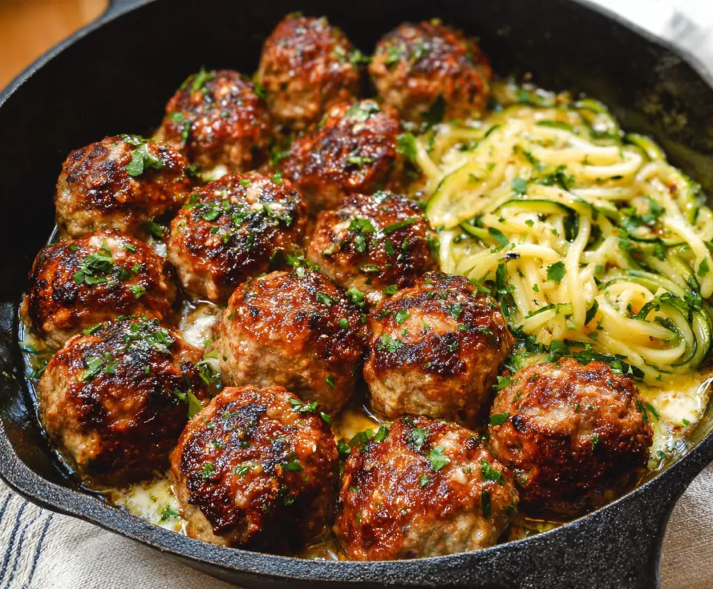 Keto garlic butter meatballs served on a plate, garnished with fresh herbs, low-carb meatball recipe.