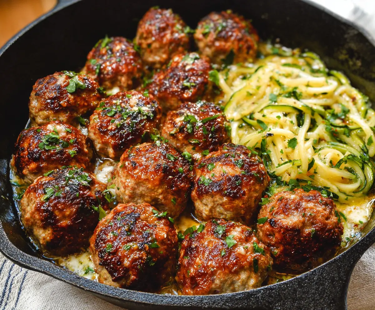 Keto garlic butter meatballs served on a plate, garnished with fresh herbs, low-carb meatball recipe.