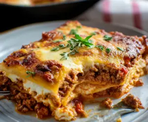 Delicious keto lasagna with layers of cheese, meat sauce, and zucchini noodles on a plate.