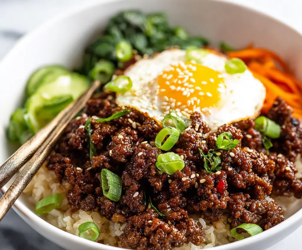 Delicious Korean Ground Beef Bowl served with rice, vegetables, and sesame seeds.