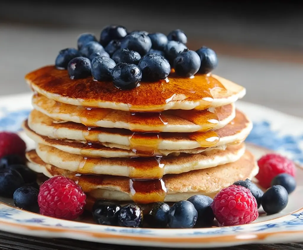 Delicious low calorie skinny pancakes topped with fresh berries and a drizzle of honey, perfect for a healthy breakfast.