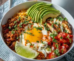 Delicious low carb breakfast burrito bowl filled with eggs, cheese, and fresh vegetables.