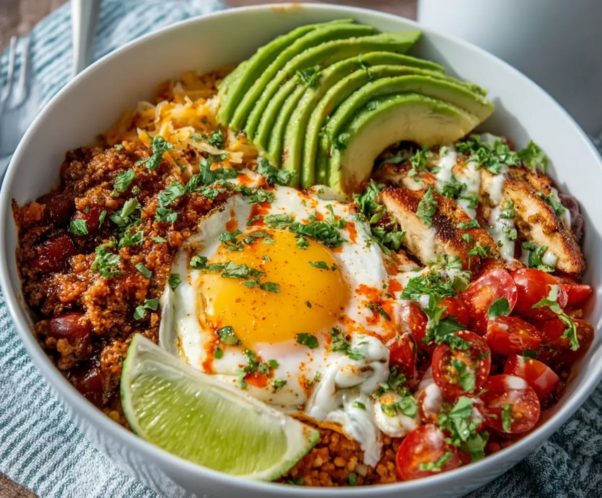 Delicious low carb breakfast burrito bowl filled with eggs, cheese, and fresh vegetables.