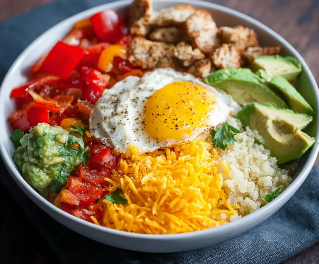 Delicious low carb breakfast burrito bowl with eggs, cheese, and vegetables served in a bowl.